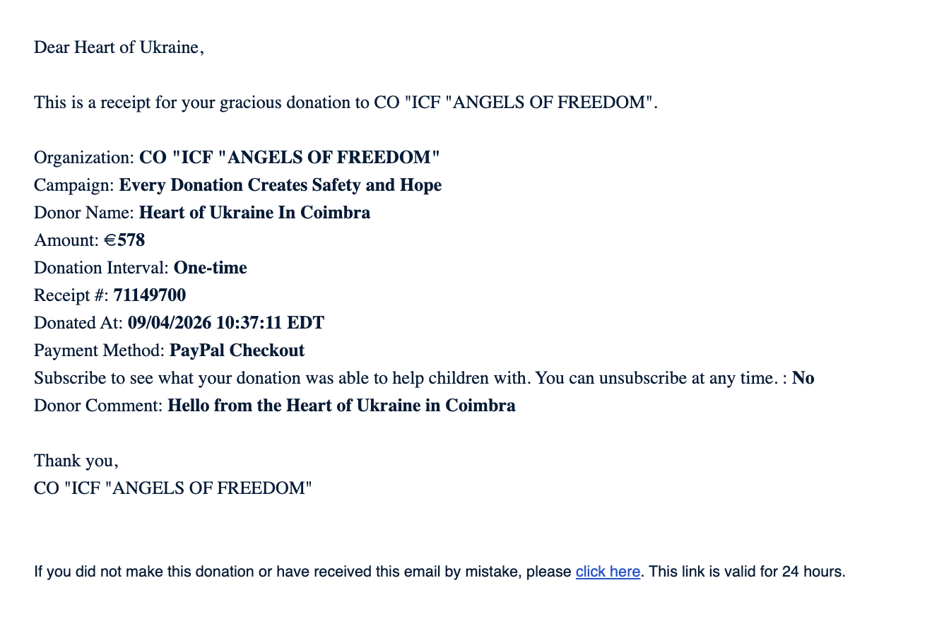 Comprovativo de transferência para a Angels of Freedom