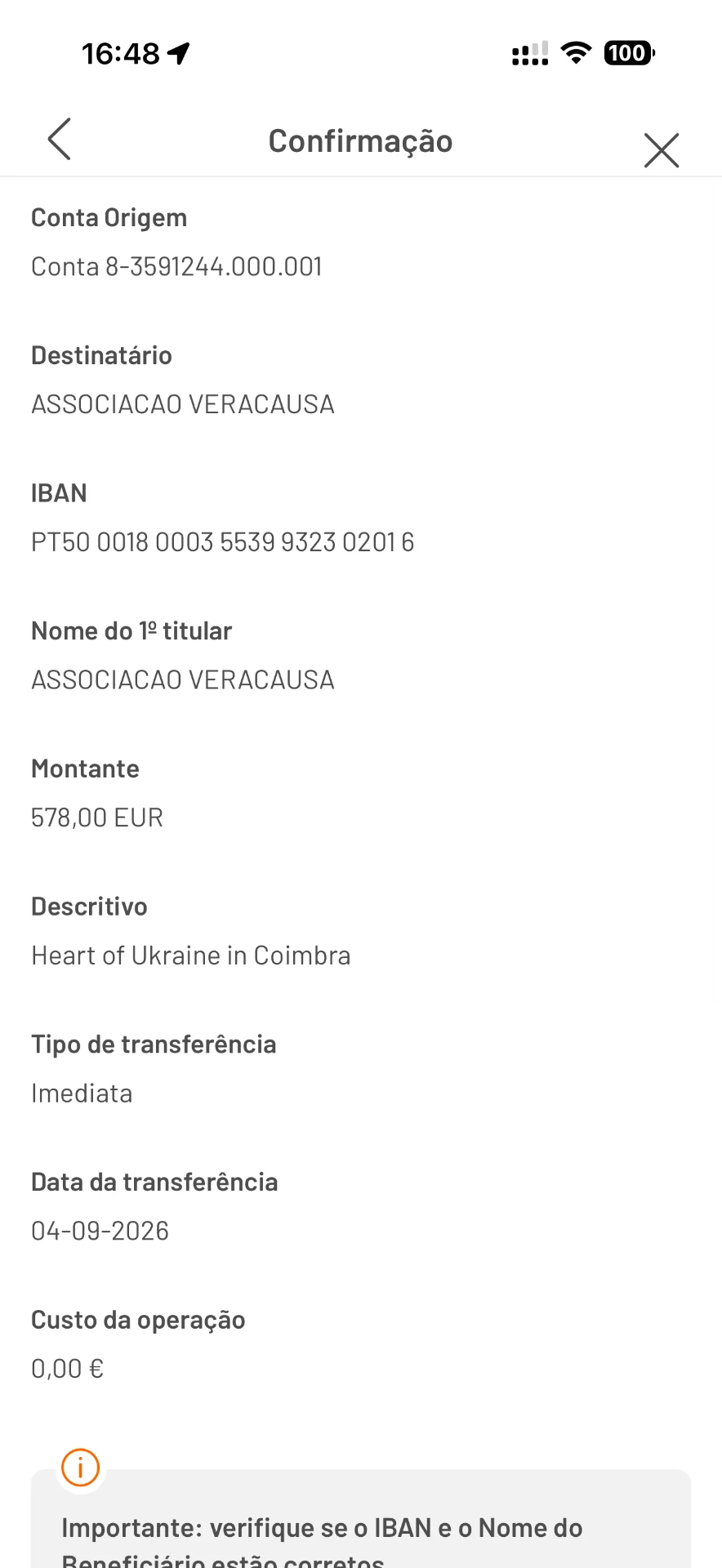 Comprovativo de transferência para a Veracausa / Activists in Coimbra